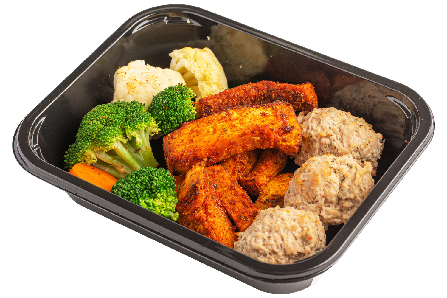 Custom meal prep including baked broccoli and cucumber, carrots, healthy sweet potato fried and turkey meat balls | custom meal prep services in Canada