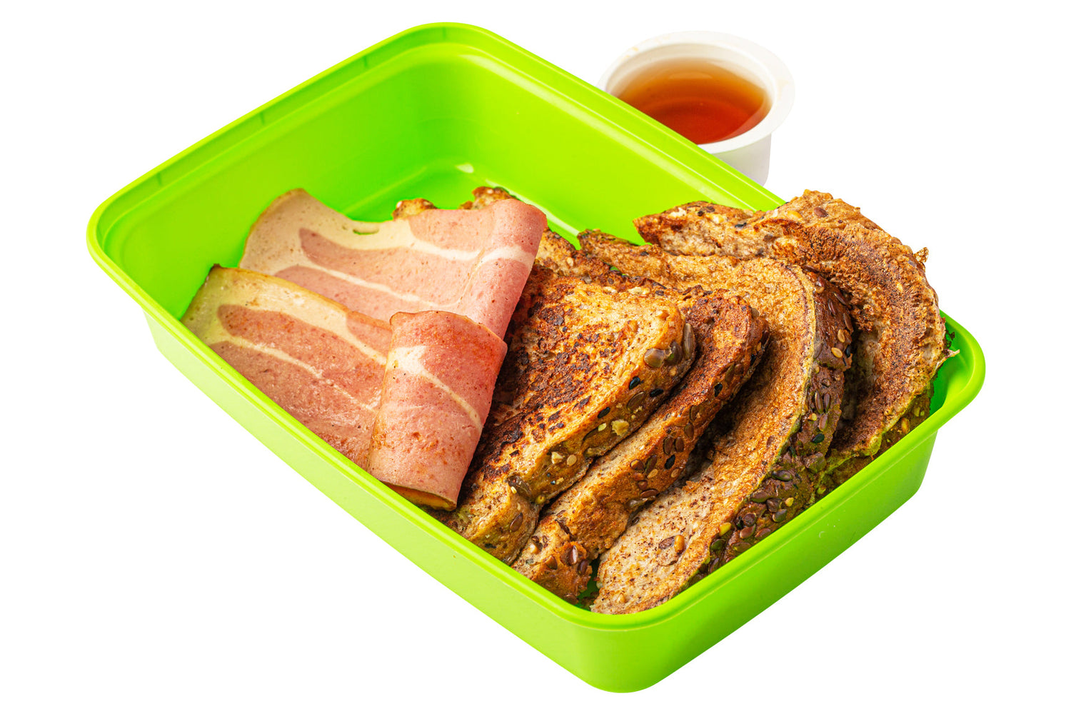 Two slices of Whole Grain & Seed Bread marinated in Vanilla Cinnamon Protein French Toast Batter. Two slices of Turkey Bacon and No Sugar Added Syrup | Breakfast meal prep delivered, meal prep services, meal prep companies