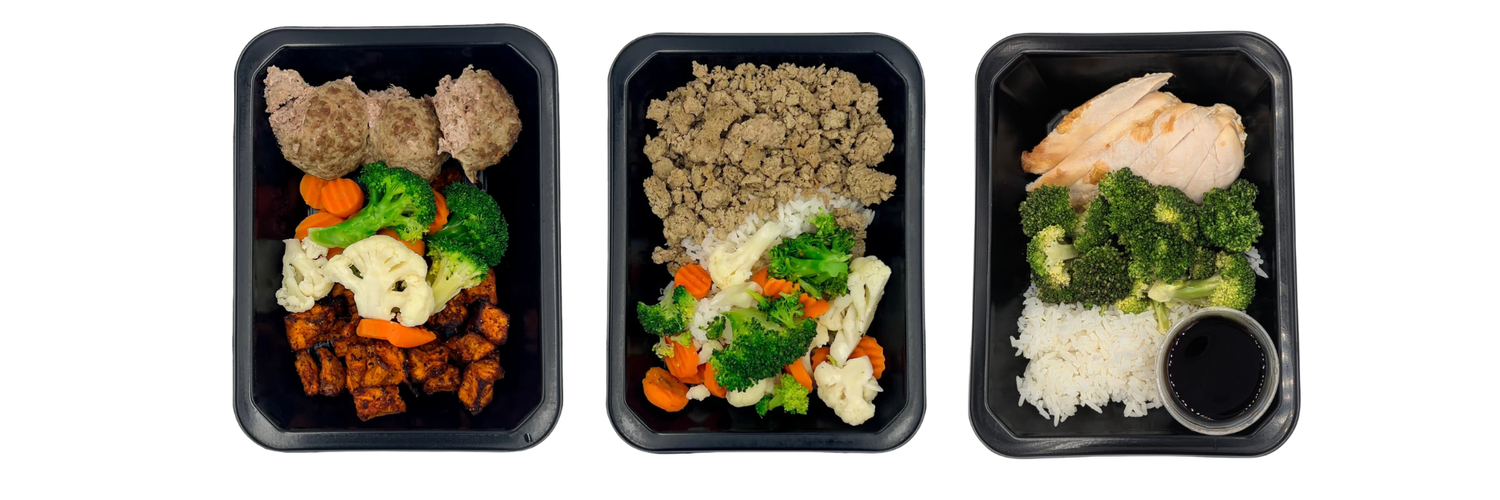 Custom meal prep including baked broccoli and cucumber, carrots, healthy sweet potato fried and turkey meat balls | custom meal prep services in Canada