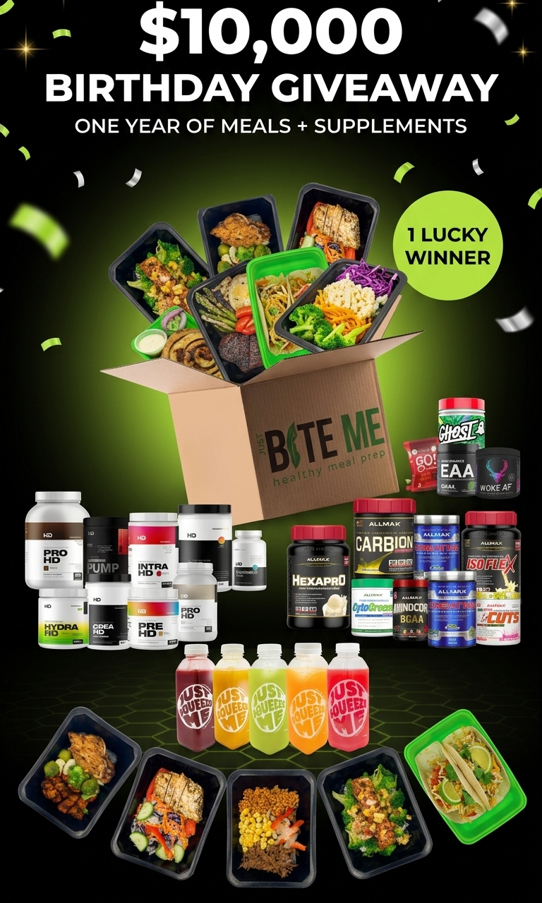 Just Bite Me Meals $10,000 Birthday Giveaway prize pack - one year of chef-prepared meals and supplements for one lucky Albertan winner