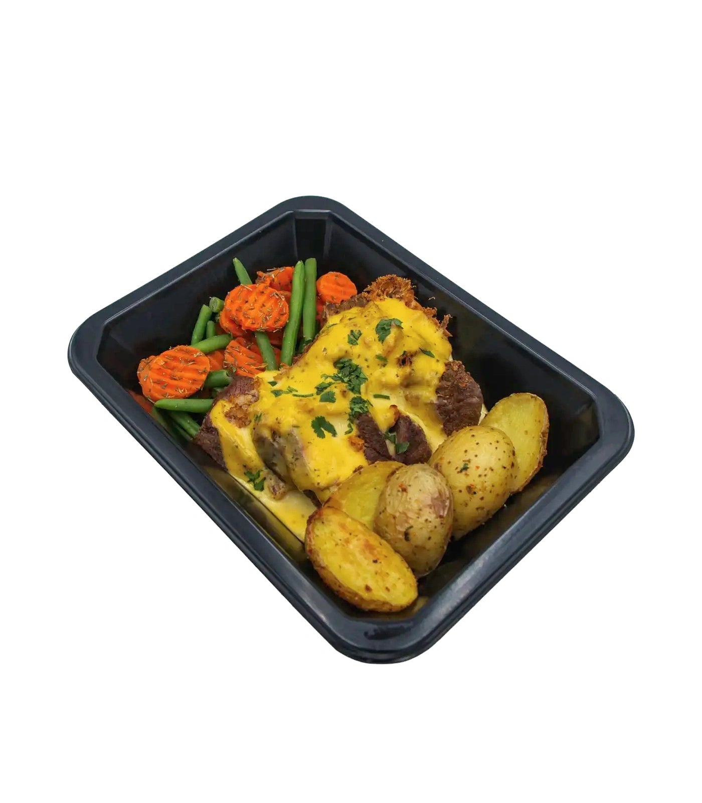 Steak and lobster with béarnaise, roasted potatoes, carrots, and green beans.