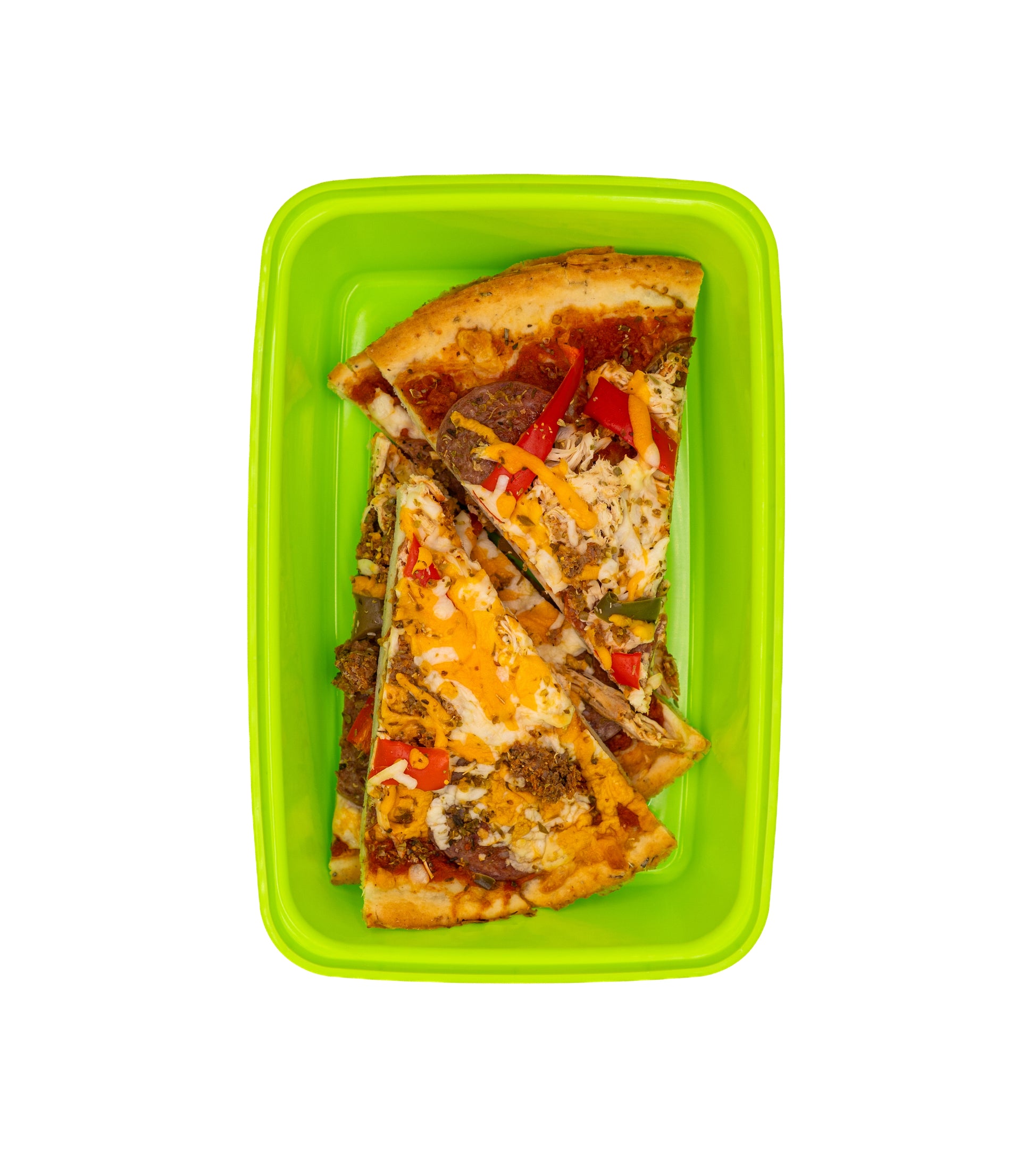 Supreme cauliflower pizza with chicken, pepperoni, chorizo, peppers, and cheese.